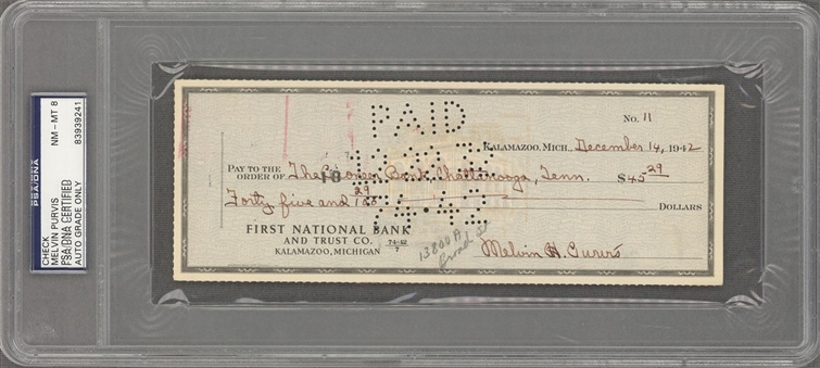 1942 Melvin Purvis Signed And Encapsulated Check (PSA/DNA NM-MT 8)